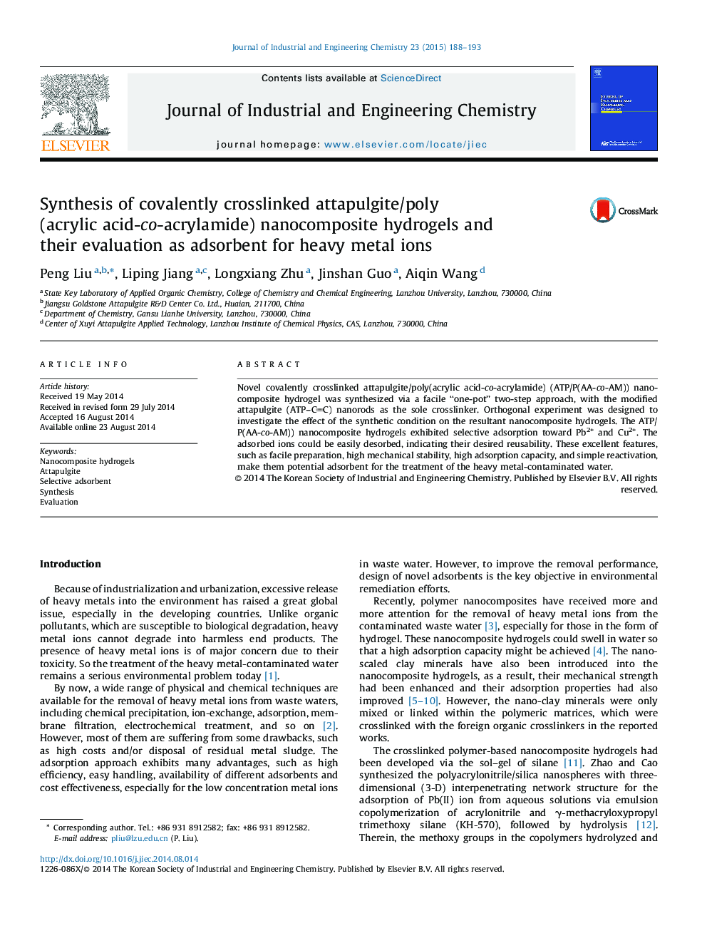 Synthesis of covalently crosslinked attapulgite/poly(acrylic acid-co-acrylamide) nanocomposite hydrogels and their evaluation as adsorbent for heavy metal ions