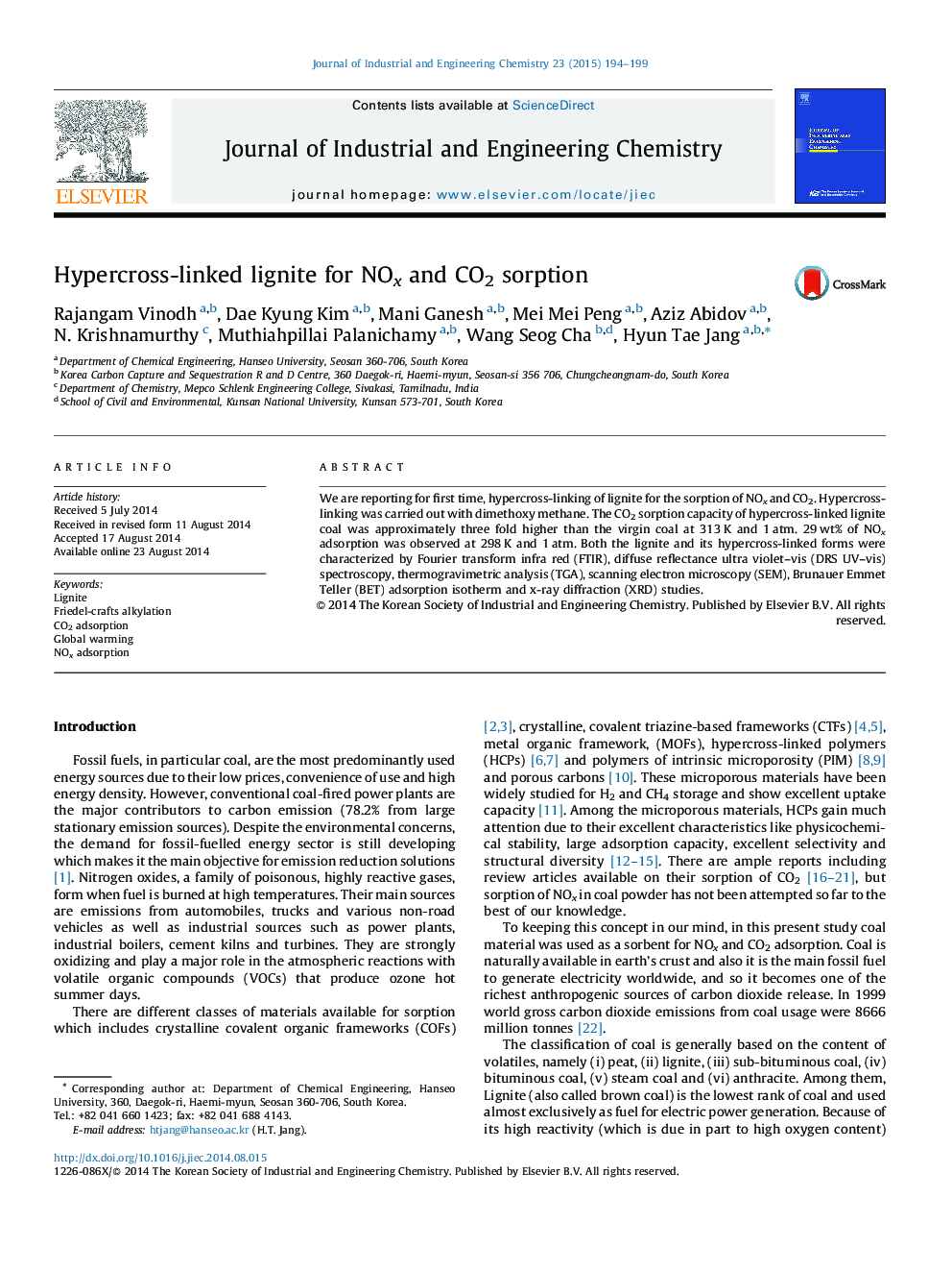 عکس صفحه اول مقاله: Hypercross-linked lignite for NOx and CO2 sorption Hypercross-linked lignite for NOx and CO2 sorption