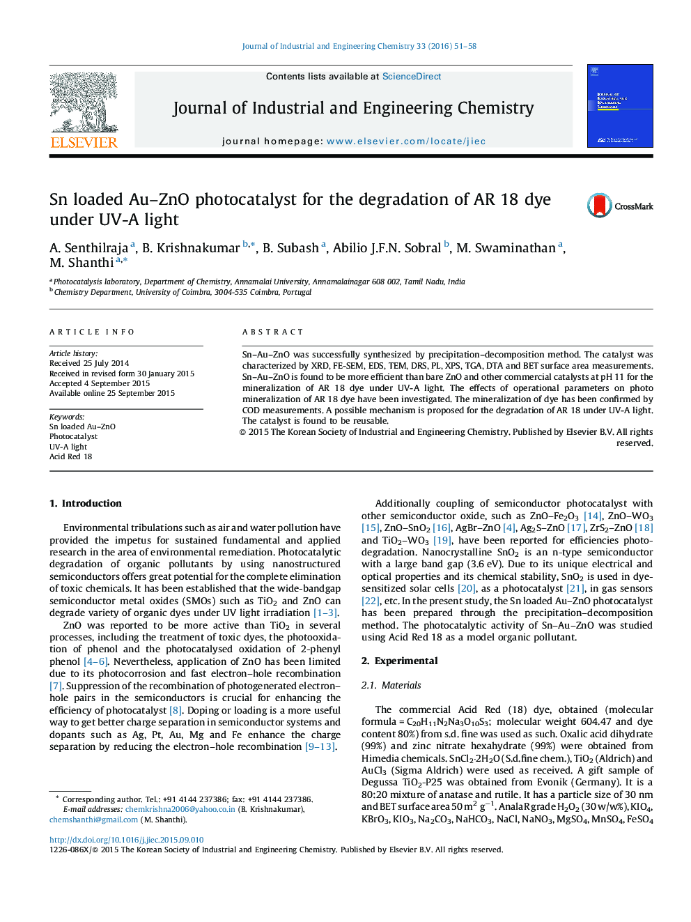 Sn loaded Au–ZnO photocatalyst for the degradation of AR 18 dye under UV-A light