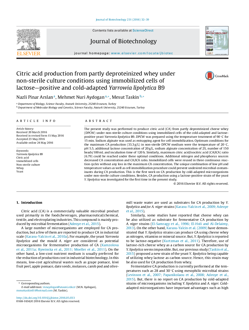 Citric acid production from partly deproteinized whey under non-sterile culture conditions using immobilized cells of lactose—positive and cold-adapted Yarrowia lipolytica B9