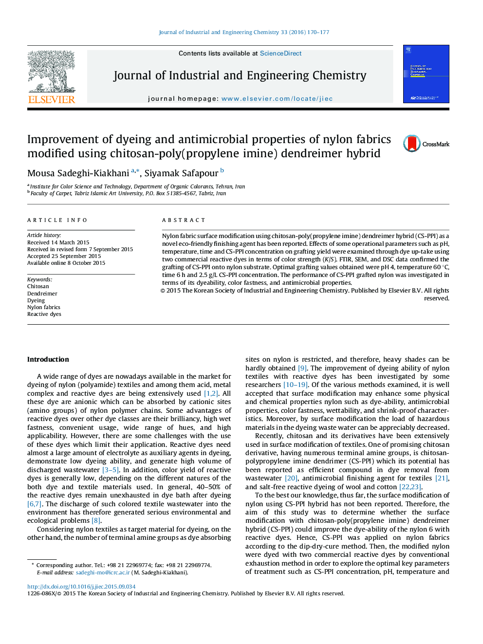 Improvement of dyeing and antimicrobial properties of nylon fabrics modified using chitosan-poly(propylene imine) dendreimer hybrid