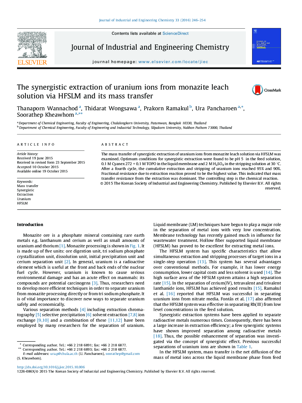 The synergistic extraction of uranium ions from monazite leach solution via HFSLM and its mass transfer