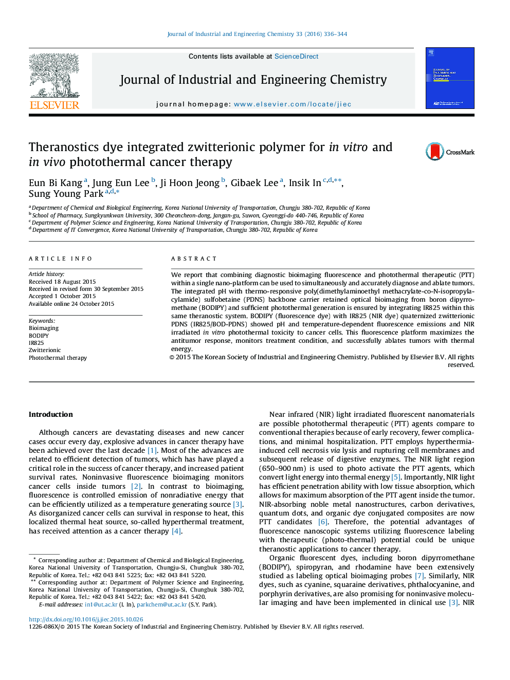 Theranostics dye integrated zwitterionic polymer for in vitro and in vivo photothermal cancer therapy