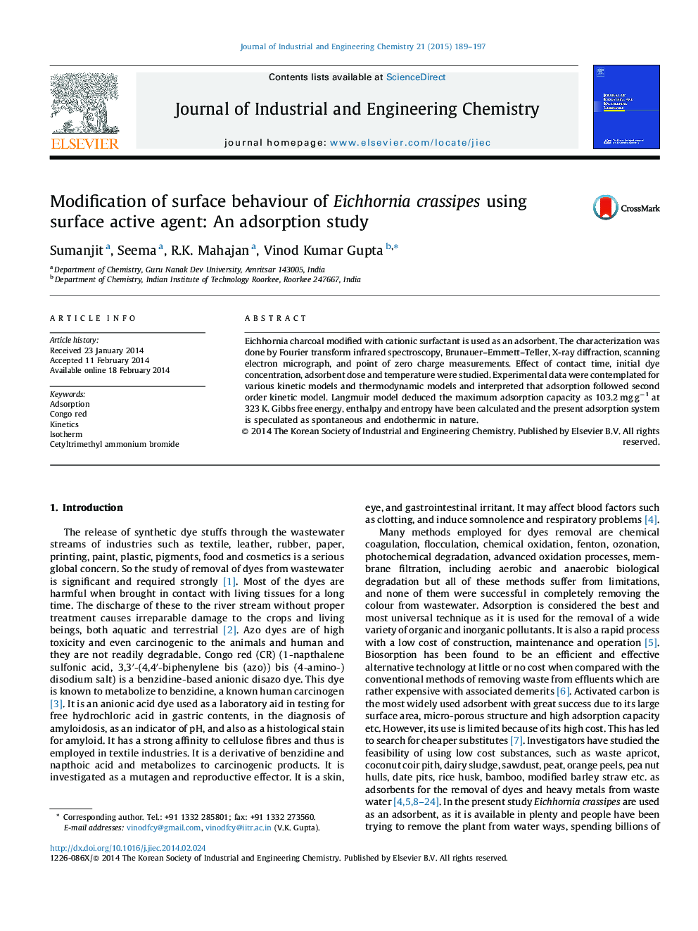 Modification of surface behaviour of Eichhornia crassipes using surface active agent: An adsorption study