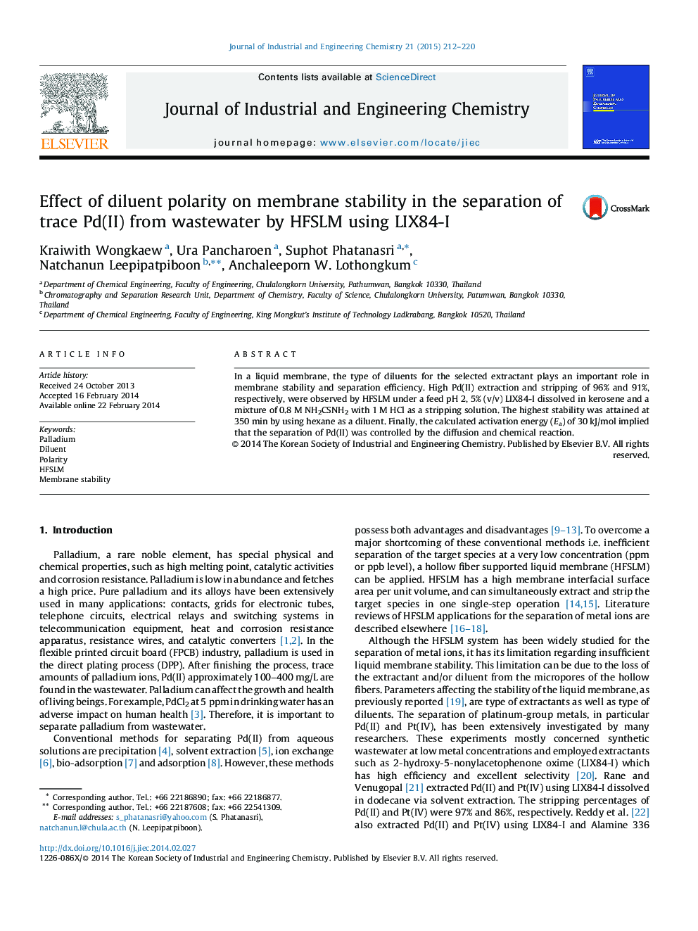 Effect of diluent polarity on membrane stability in the separation of trace Pd(II) from wastewater by HFSLM using LIX84-I