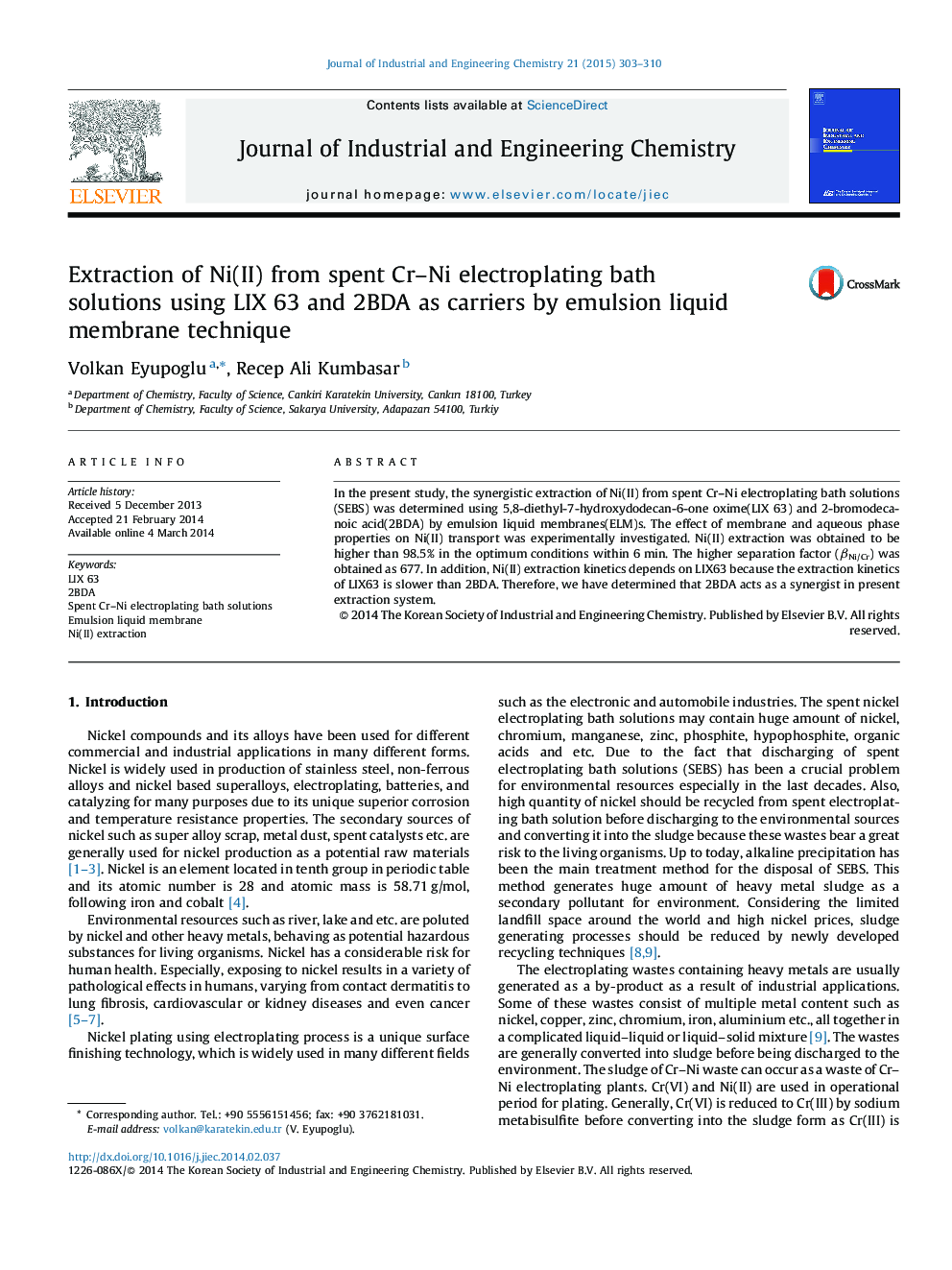 Extraction of Ni(II) from spent Cr–Ni electroplating bath solutions using LIX 63 and 2BDA as carriers by emulsion liquid membrane technique