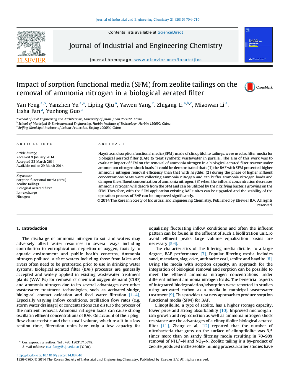 Impact of sorption functional media (SFM) from zeolite tailings on the removal of ammonia nitrogen in a biological aerated filter