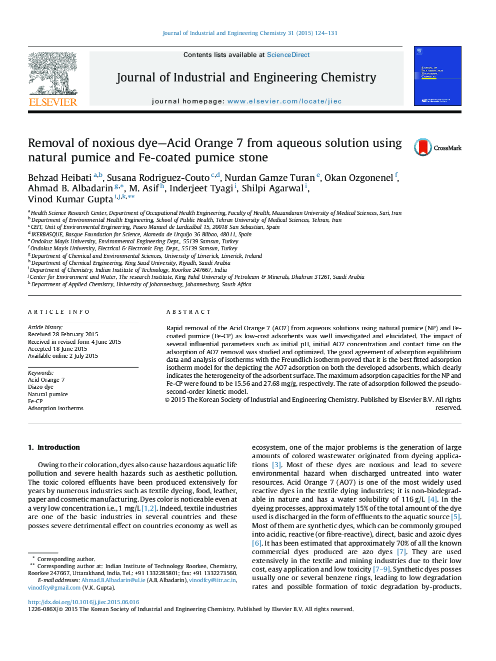 Removal of noxious dye—Acid Orange 7 from aqueous solution using natural pumice and Fe-coated pumice stone