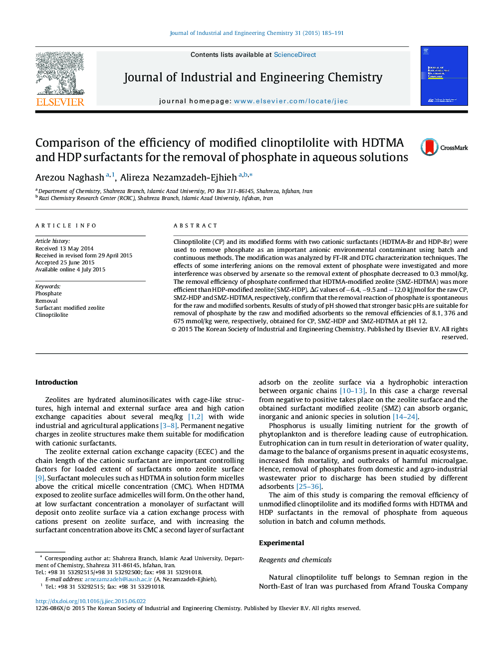 Comparison of the efficiency of modified clinoptilolite with HDTMA and HDP surfactants for the removal of phosphate in aqueous solutions