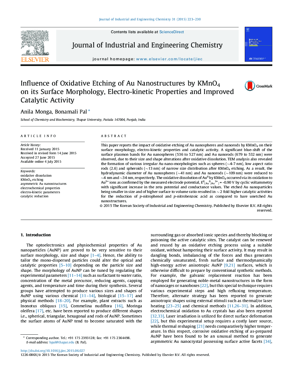 Influence of Oxidative Etching of Au Nanostructures by KMnO4 on its Surface Morphology, Electro-kinetic Properties and Improved Catalytic Activity