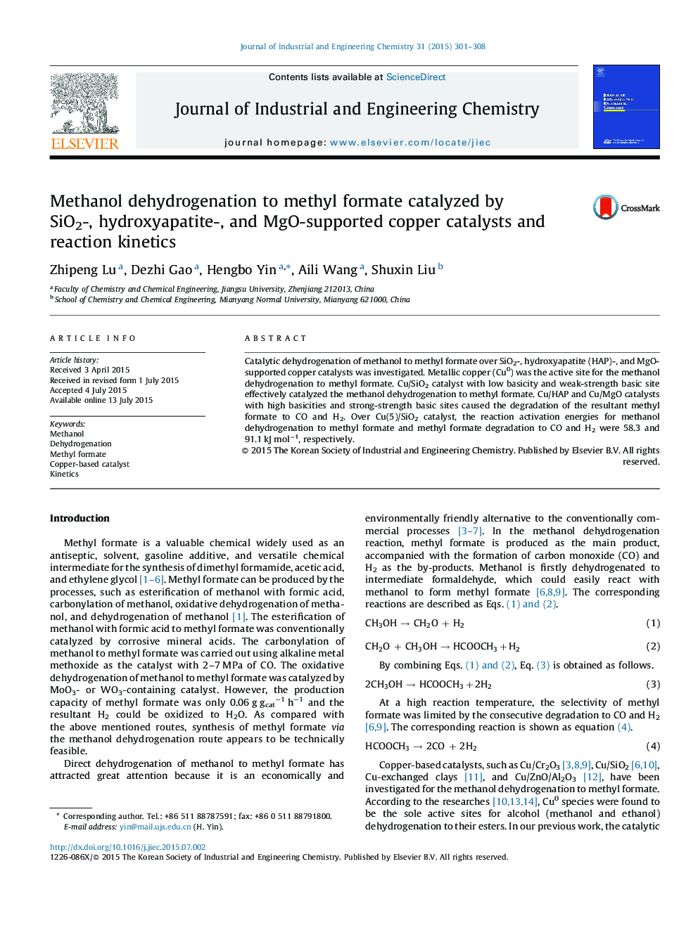 Methanol dehydrogenation to methyl formate catalyzed by SiO2-, hydroxyapatite-, and MgO-supported copper catalysts and reaction kinetics