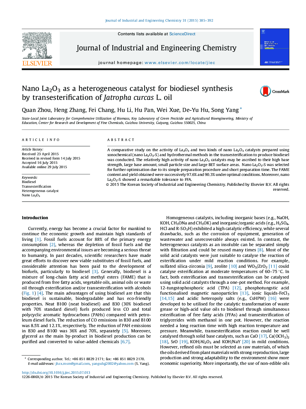 Nano La2O3 as a heterogeneous catalyst for biodiesel synthesis by transesterification of Jatropha curcas L. oil