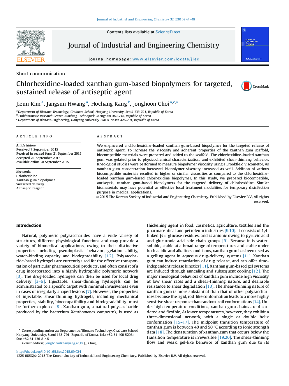 Chlorhexidine-loaded xanthan gum-based biopolymers for targeted, sustained release of antiseptic agent