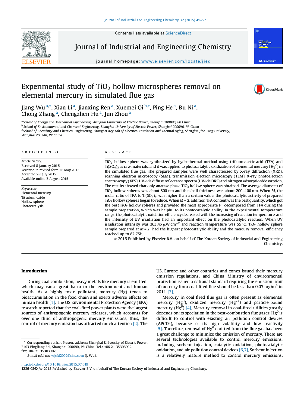 Experimental study of TiO2 hollow microspheres removal on elemental mercury in simulated flue gas