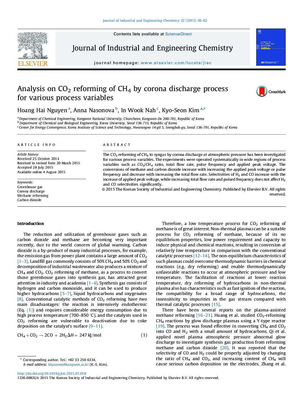 Analysis on CO2 reforming of CH4 by corona discharge process for various process variables