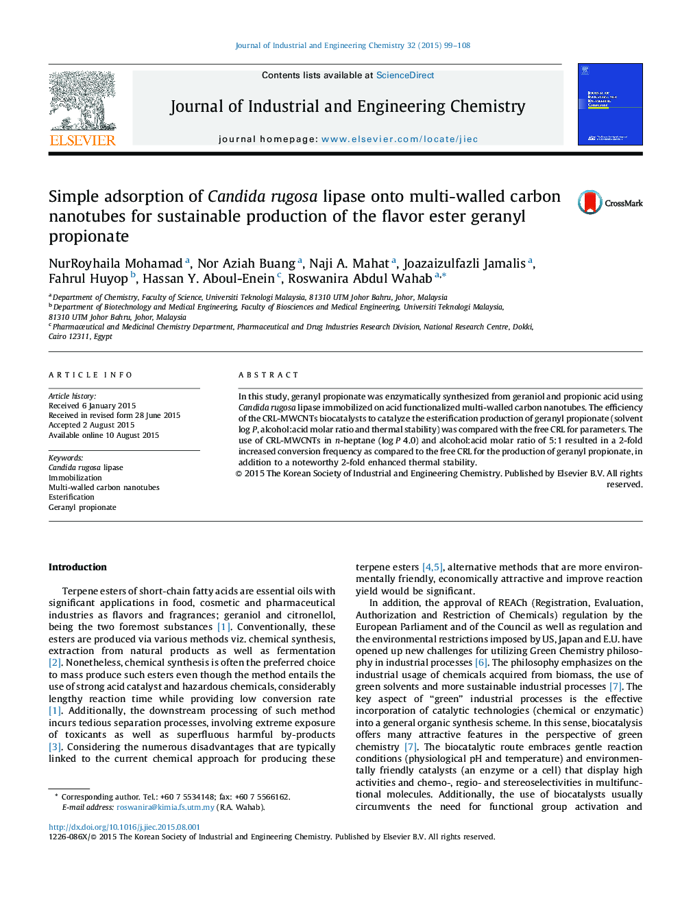 Simple adsorption of Candida rugosa lipase onto multi-walled carbon nanotubes for sustainable production of the flavor ester geranyl propionate