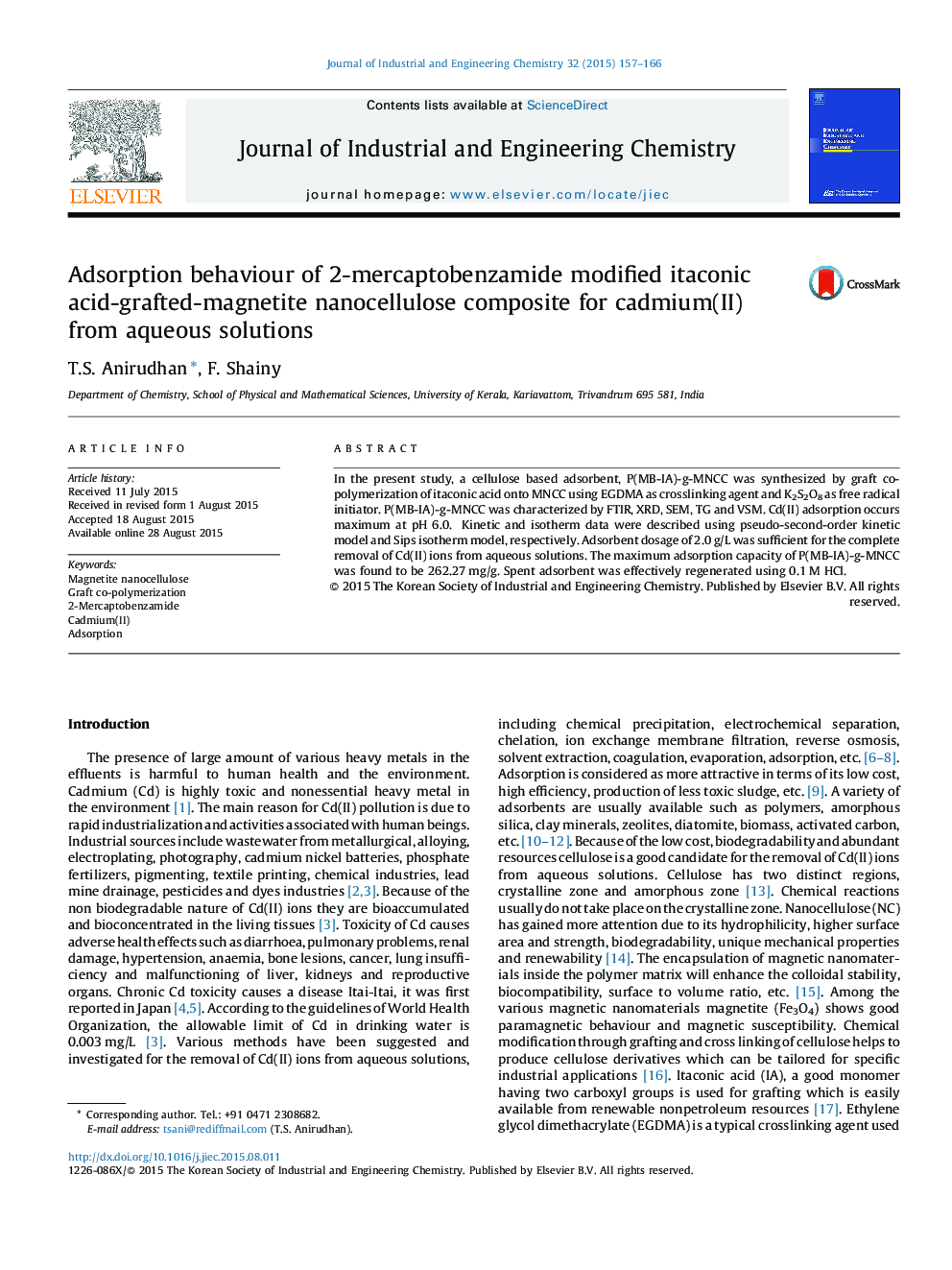 Adsorption behaviour of 2-mercaptobenzamide modified itaconic acid-grafted-magnetite nanocellulose composite for cadmium(II) from aqueous solutions