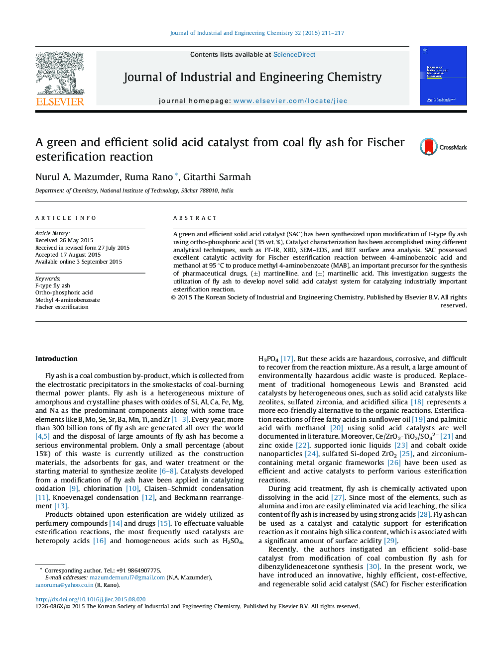 A green and efficient solid acid catalyst from coal fly ash for Fischer esterification reaction