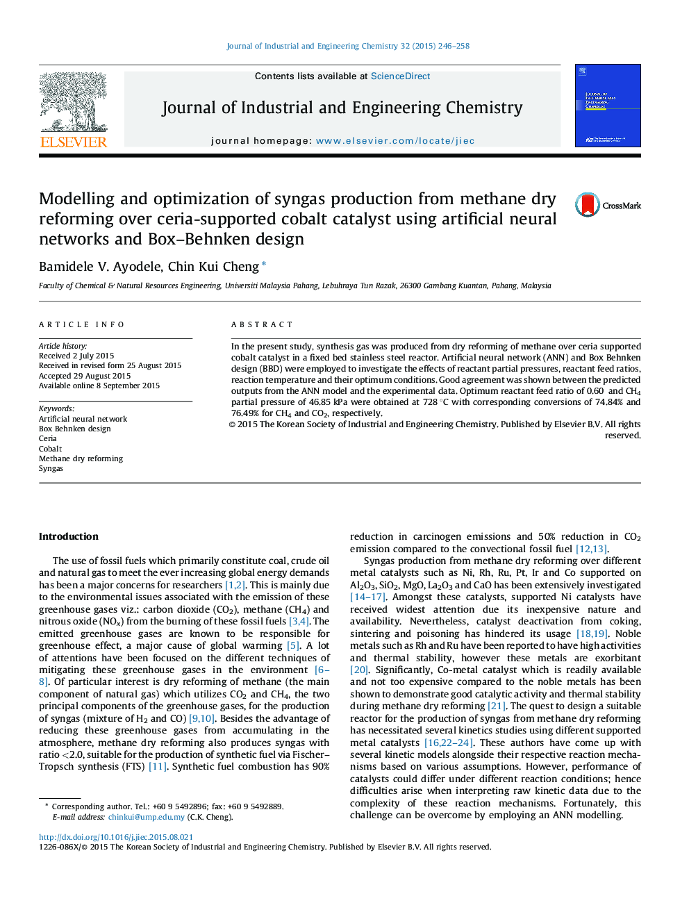 Modelling and optimization of syngas production from methane dry reforming over ceria-supported cobalt catalyst using artificial neural networks and Box–Behnken design