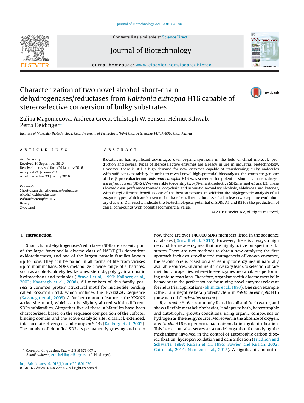 Characterization of two novel alcohol short-chain dehydrogenases/reductases from Ralstonia eutropha H16 capable of stereoselective conversion of bulky substrates