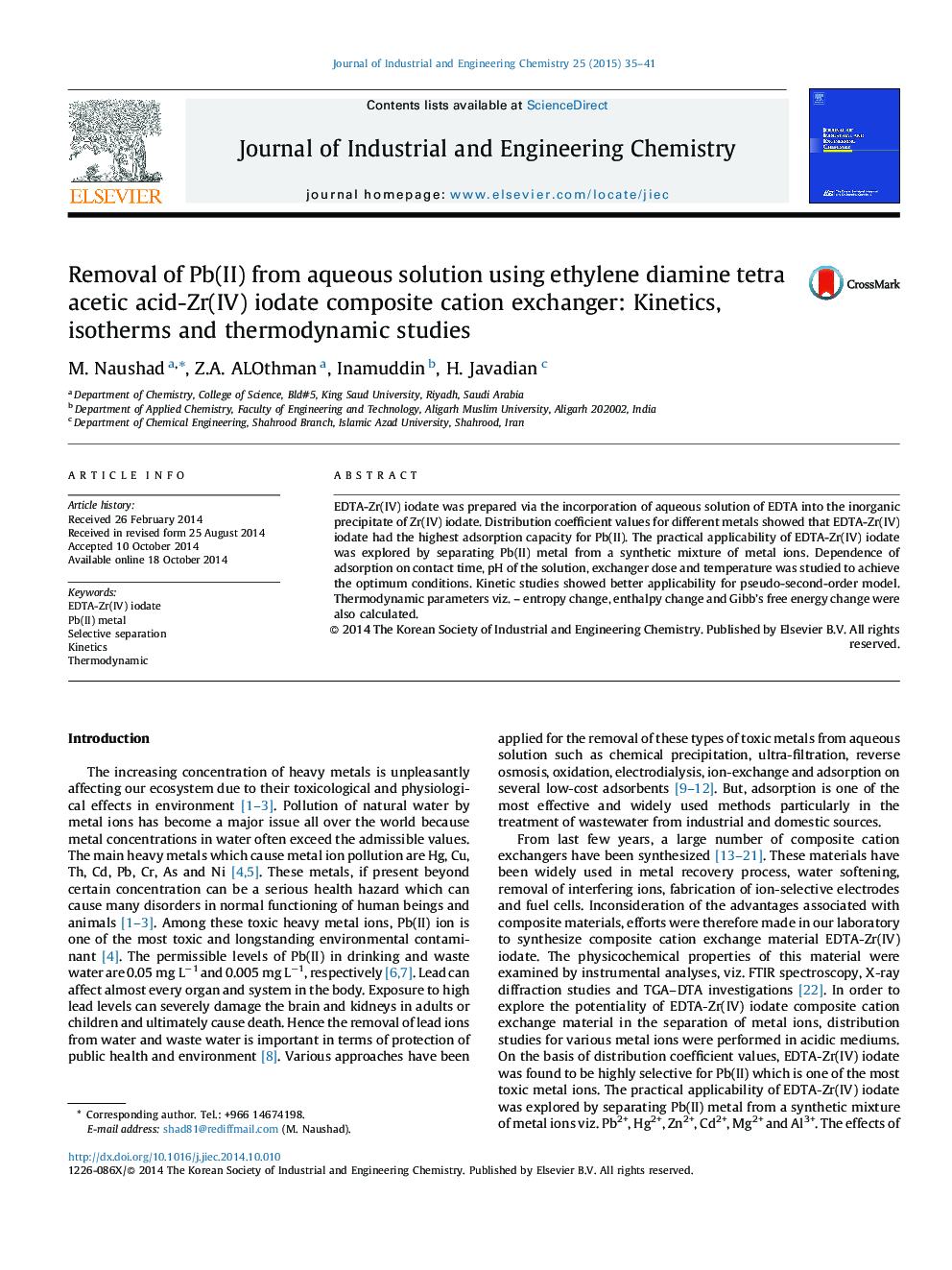 Removal of Pb(II) from aqueous solution using ethylene diamine tetra acetic acid-Zr(IV) iodate composite cation exchanger: Kinetics, isotherms and thermodynamic studies