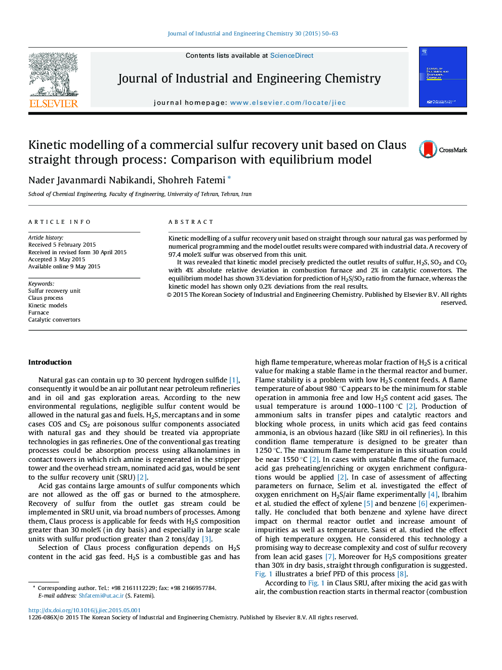 Kinetic modelling of a commercial sulfur recovery unit based on Claus straight through process: Comparison with equilibrium model