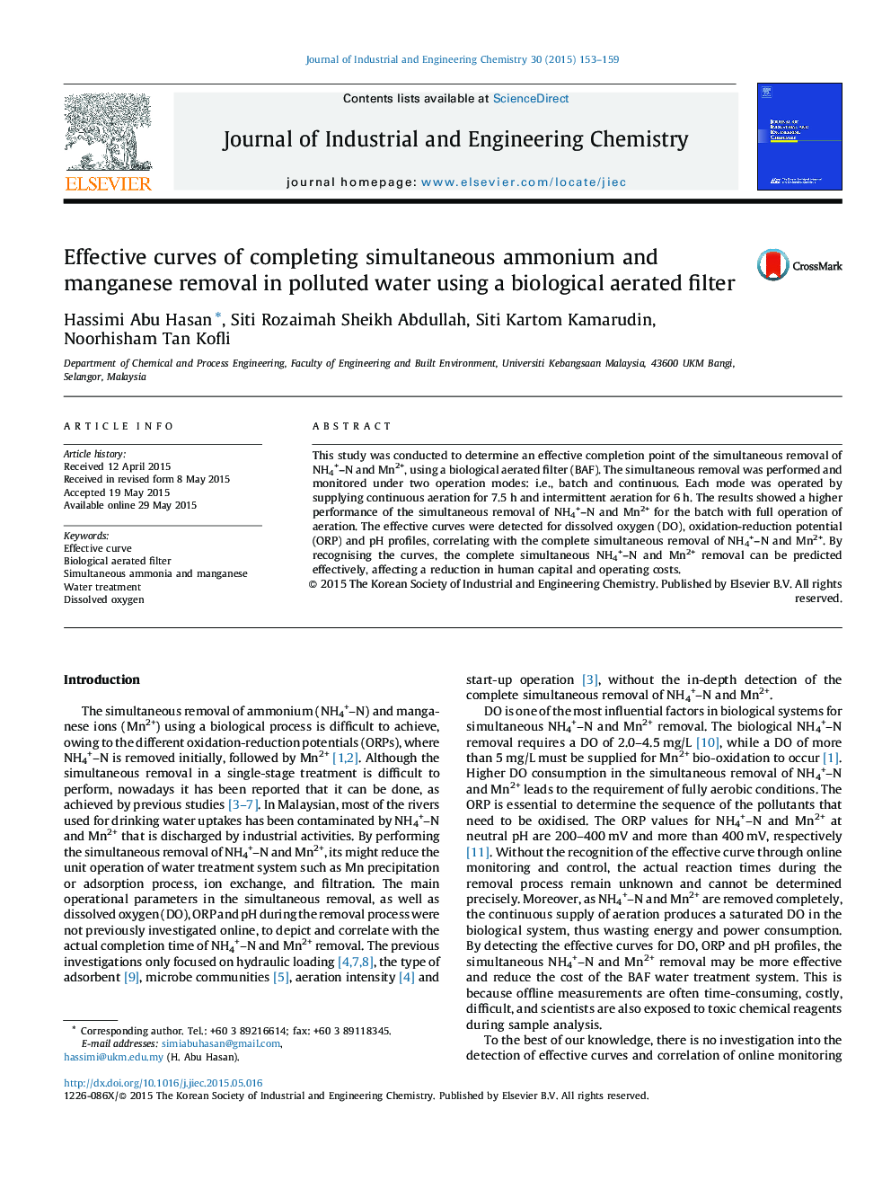 Effective curves of completing simultaneous ammonium and manganese removal in polluted water using a biological aerated filter