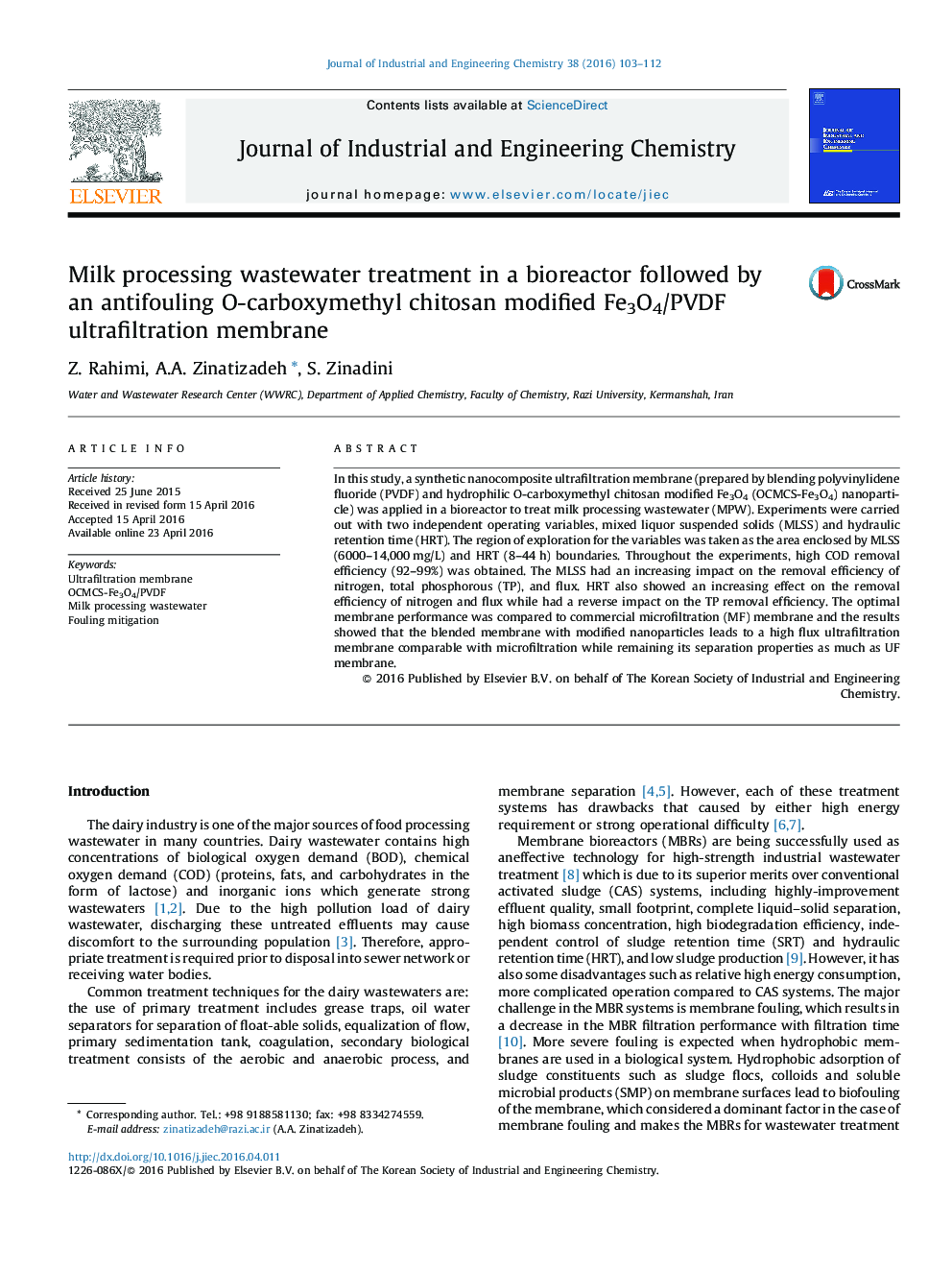 Milk processing wastewater treatment in a bioreactor followed by an antifouling O-carboxymethyl chitosan modified Fe3O4/PVDF ultrafiltration membrane