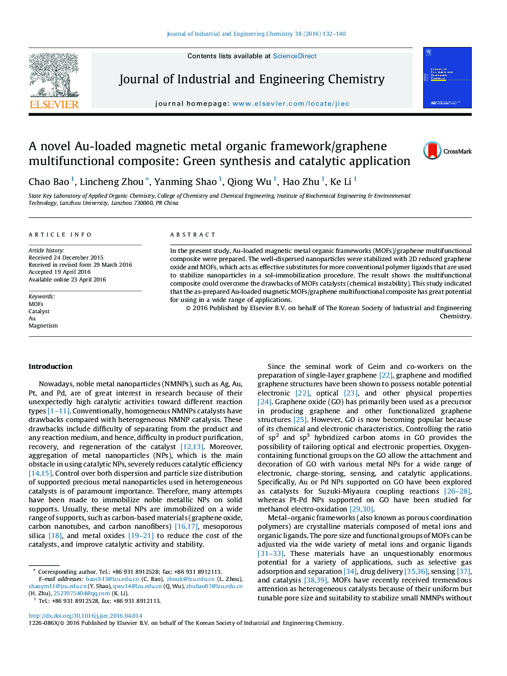 A novel Au-loaded magnetic metal organic framework/graphene multifunctional composite: Green synthesis and catalytic application