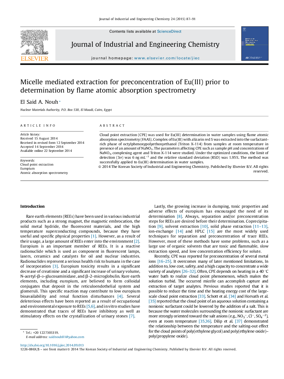 Micelle mediated extraction for preconcentration of Eu(III) prior to determination by flame atomic absorption spectrometry