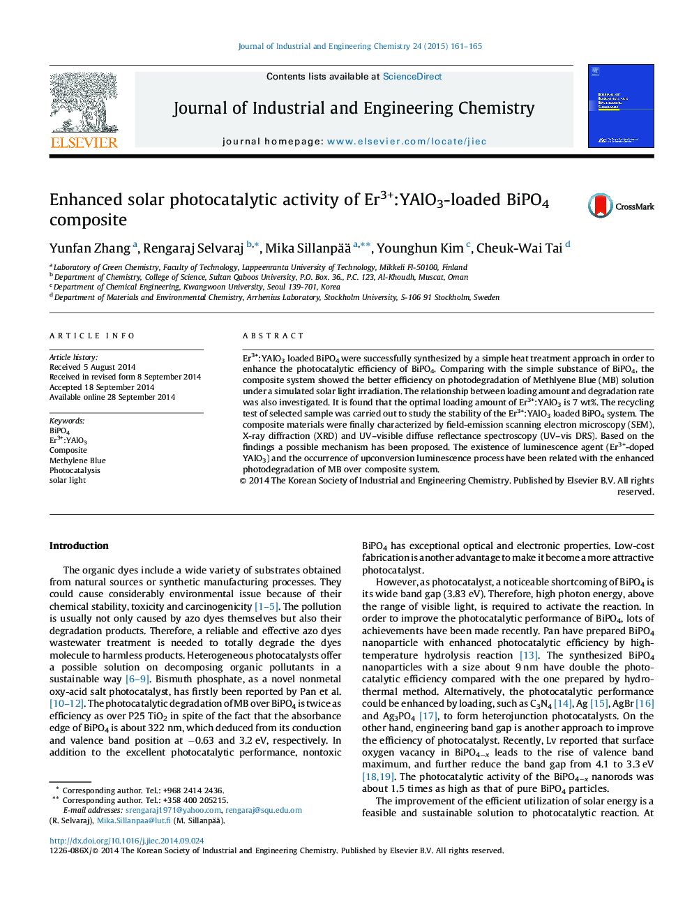 Enhanced solar photocatalytic activity of Er3+:YAlO3-loaded BiPO4 composite