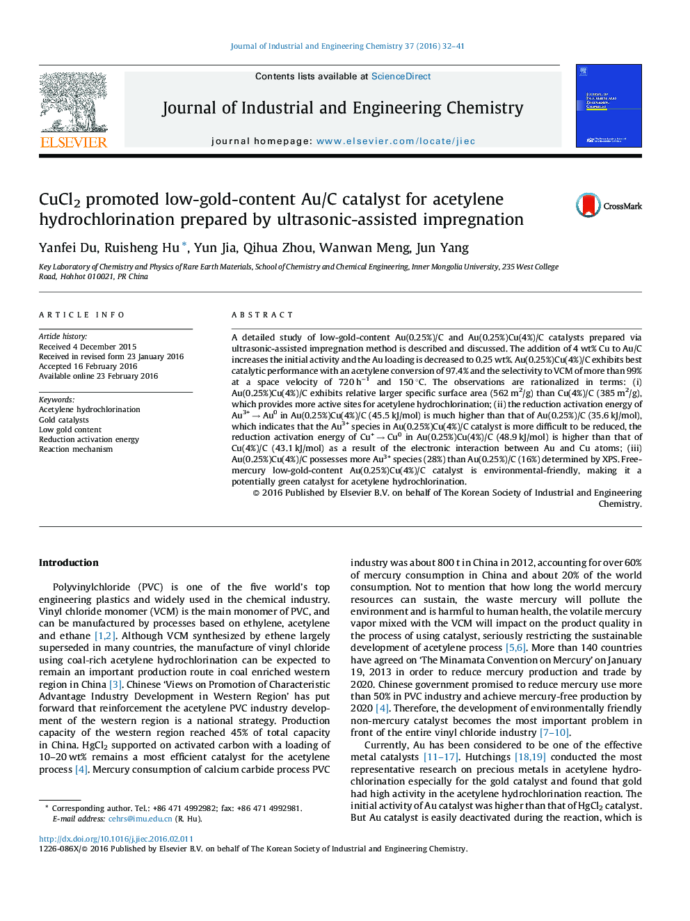 CuCl2 promoted low-gold-content Au/C catalyst for acetylene hydrochlorination prepared by ultrasonic-assisted impregnation