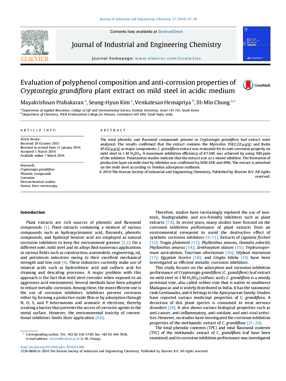 Evaluation of polyphenol composition and anti-corrosion properties of Cryptostegia grandiflora plant extract on mild steel in acidic medium