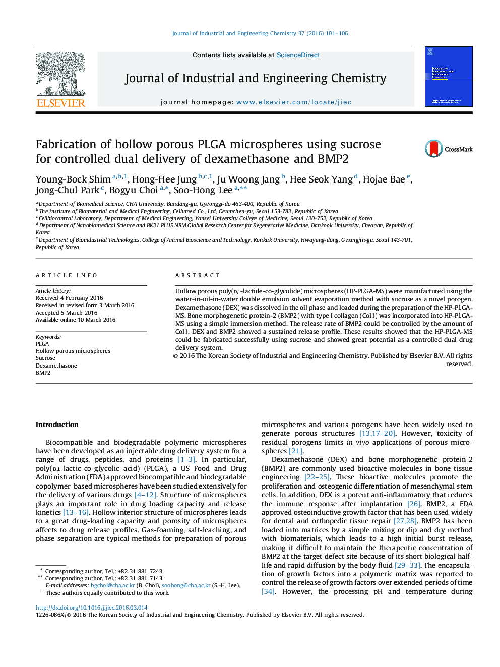 Fabrication of hollow porous PLGA microspheres using sucrose for controlled dual delivery of dexamethasone and BMP2