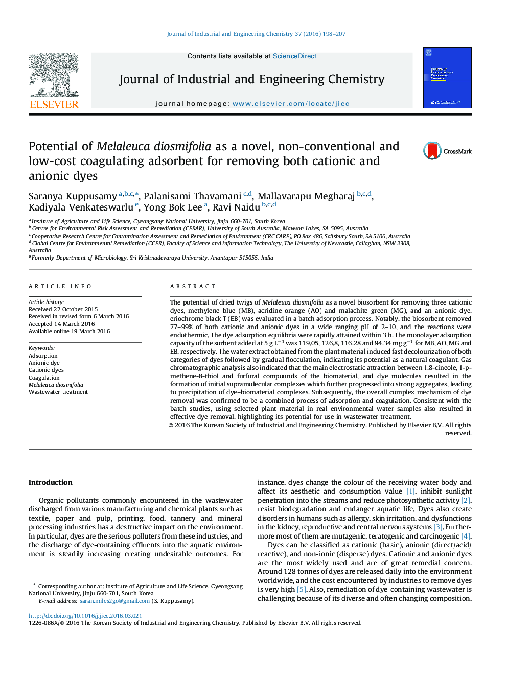 Potential of Melaleuca diosmifolia as a novel, non-conventional and low-cost coagulating adsorbent for removing both cationic and anionic dyes