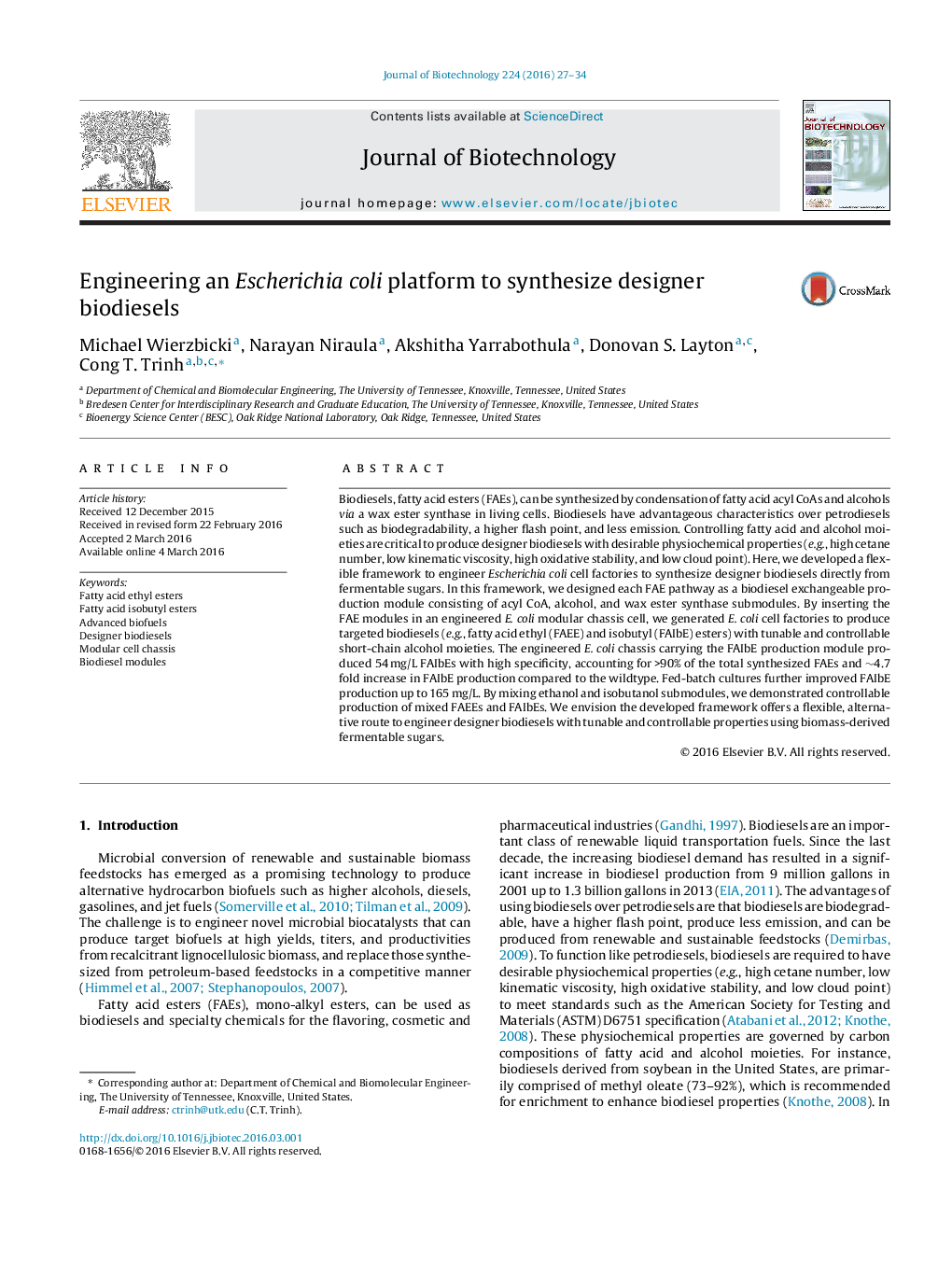 Engineering an Escherichia coli platform to synthesize designer biodiesels