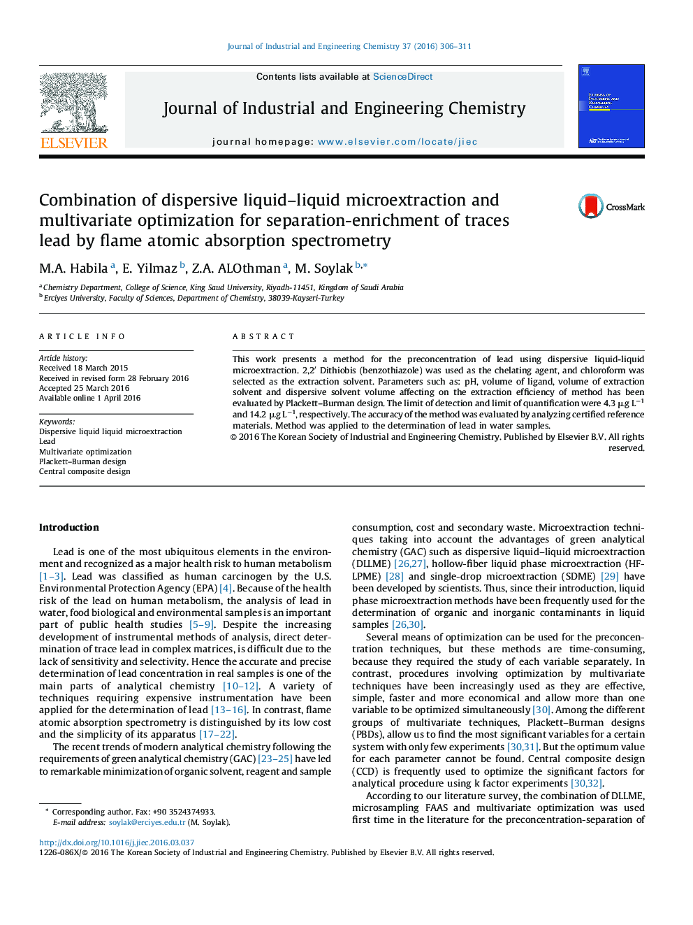 Combination of dispersive liquid–liquid microextraction and multivariate optimization for separation-enrichment of traces lead by flame atomic absorption spectrometry