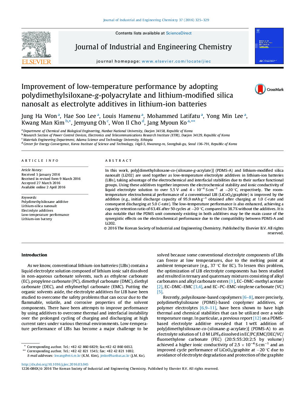 Improvement of low-temperature performance by adopting polydimethylsiloxane-g-polyacrylate and lithium-modified silica nanosalt as electrolyte additives in lithium-ion batteries