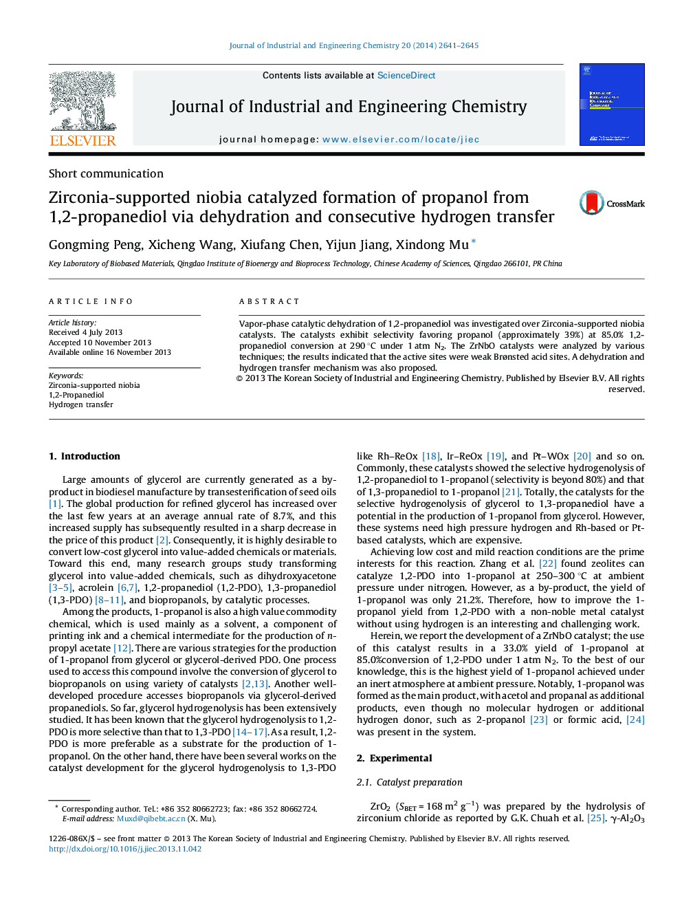 Zirconia-supported niobia catalyzed formation of propanol from 1,2-propanediol via dehydration and consecutive hydrogen transfer