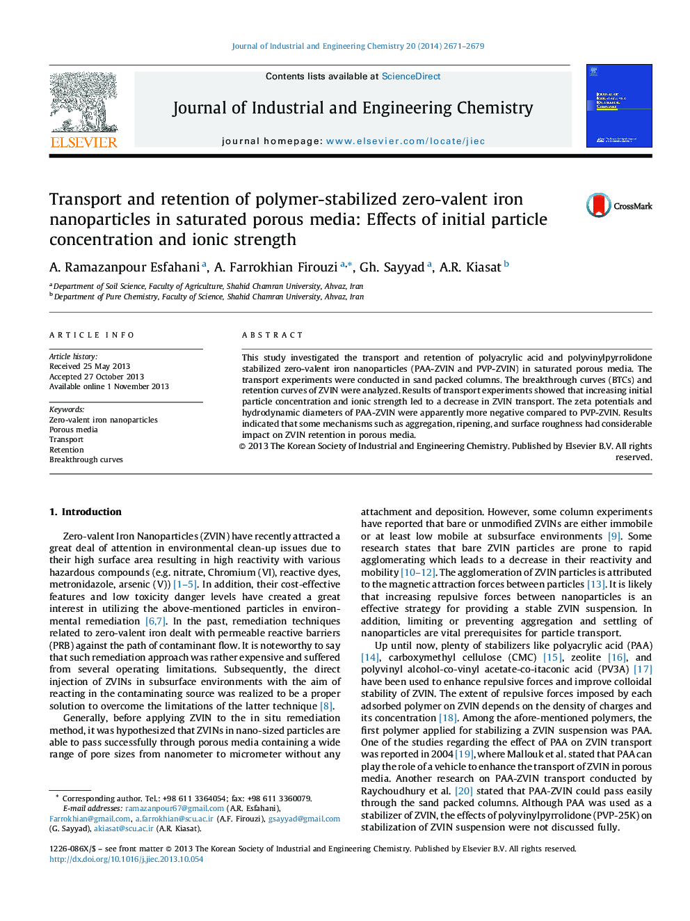 Transport and retention of polymer-stabilized zero-valent iron nanoparticles in saturated porous media: Effects of initial particle concentration and ionic strength