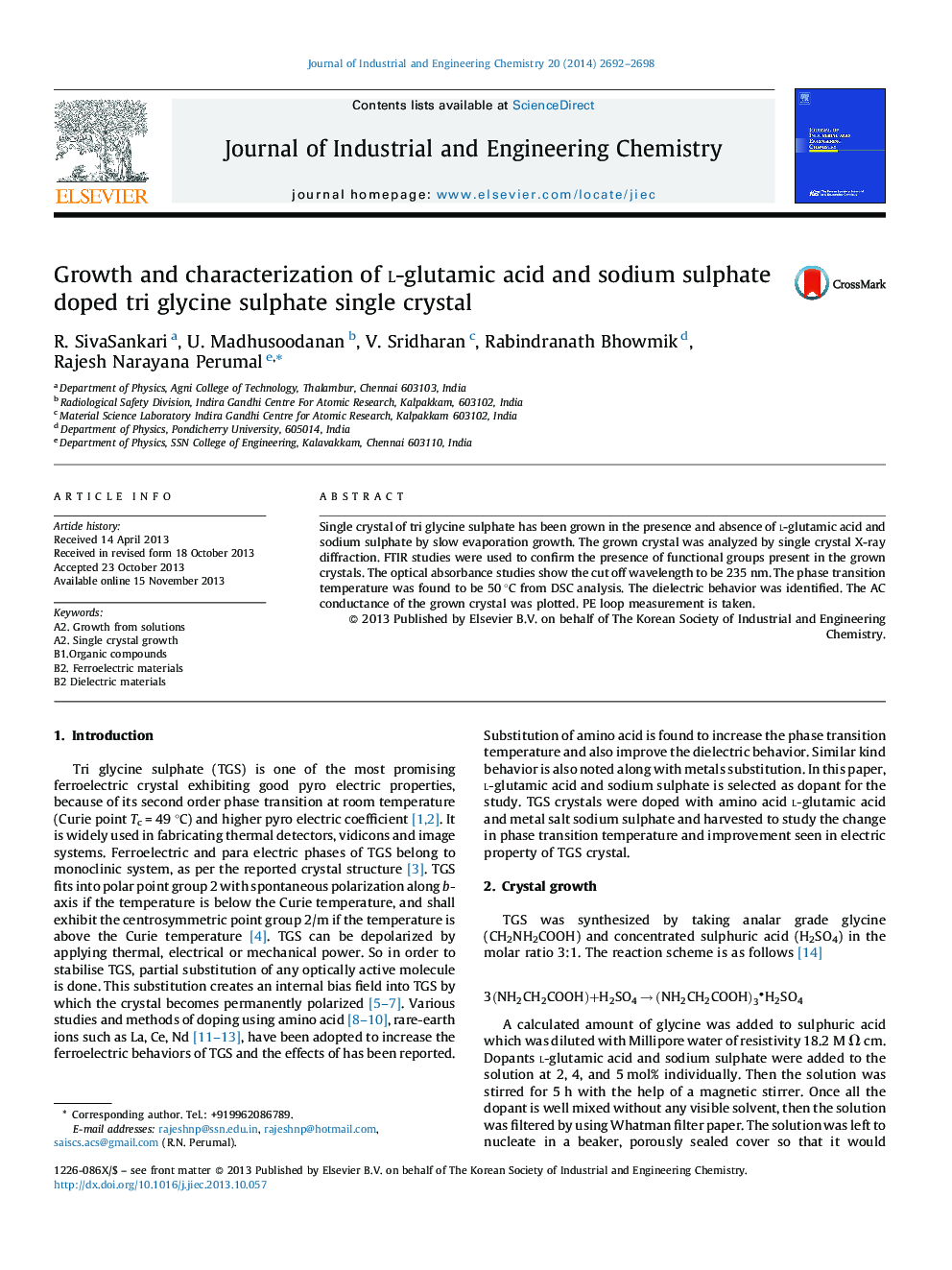 Growth and characterization of l-glutamic acid and sodium sulphate doped tri glycine sulphate single crystal