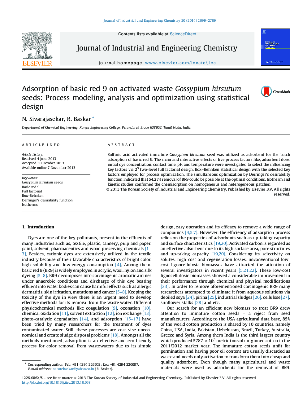 Adsorption of basic red 9 on activated waste Gossypium hirsutum seeds: Process modeling, analysis and optimization using statistical design