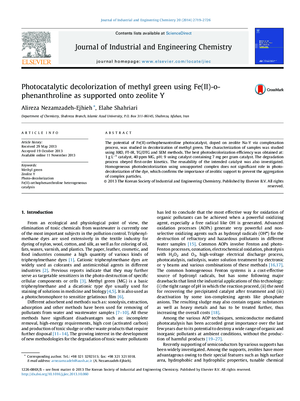 عکس صفحه اول مقاله: Photocatalytic decolorization of methyl green using Fe(II)-o-phenanthroline as supported onto zeolite Y Photocatalytic decolorization of methyl green using Fe(II)-o-phenanthroline as supported onto zeolite Y