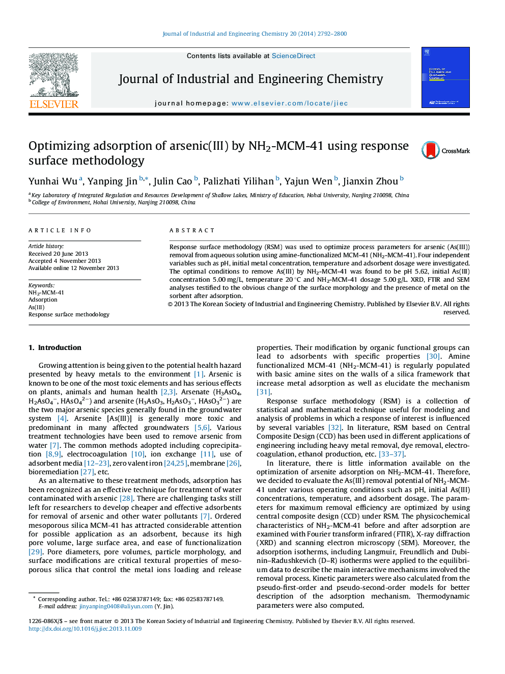 Optimizing adsorption of arsenic(III) by NH2-MCM-41 using response surface methodology