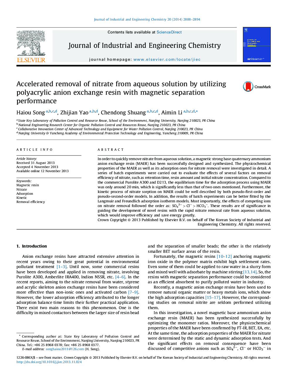 Accelerated removal of nitrate from aqueous solution by utilizing polyacrylic anion exchange resin with magnetic separation performance