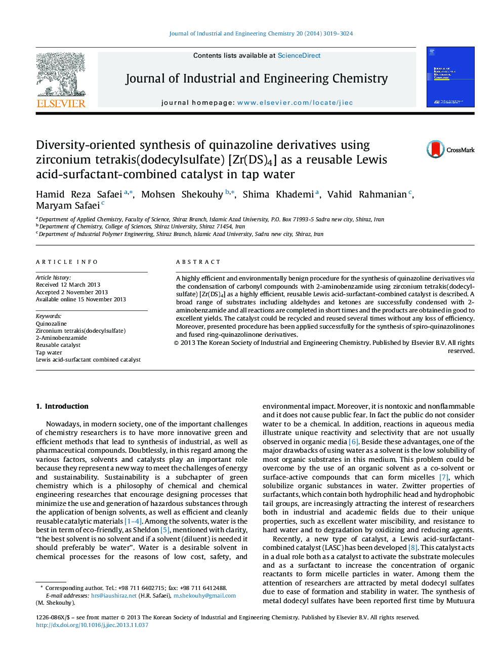 Diversity-oriented synthesis of quinazoline derivatives using zirconium tetrakis(dodecylsulfate) [Zr(DS)4] as a reusable Lewis acid-surfactant-combined catalyst in tap water