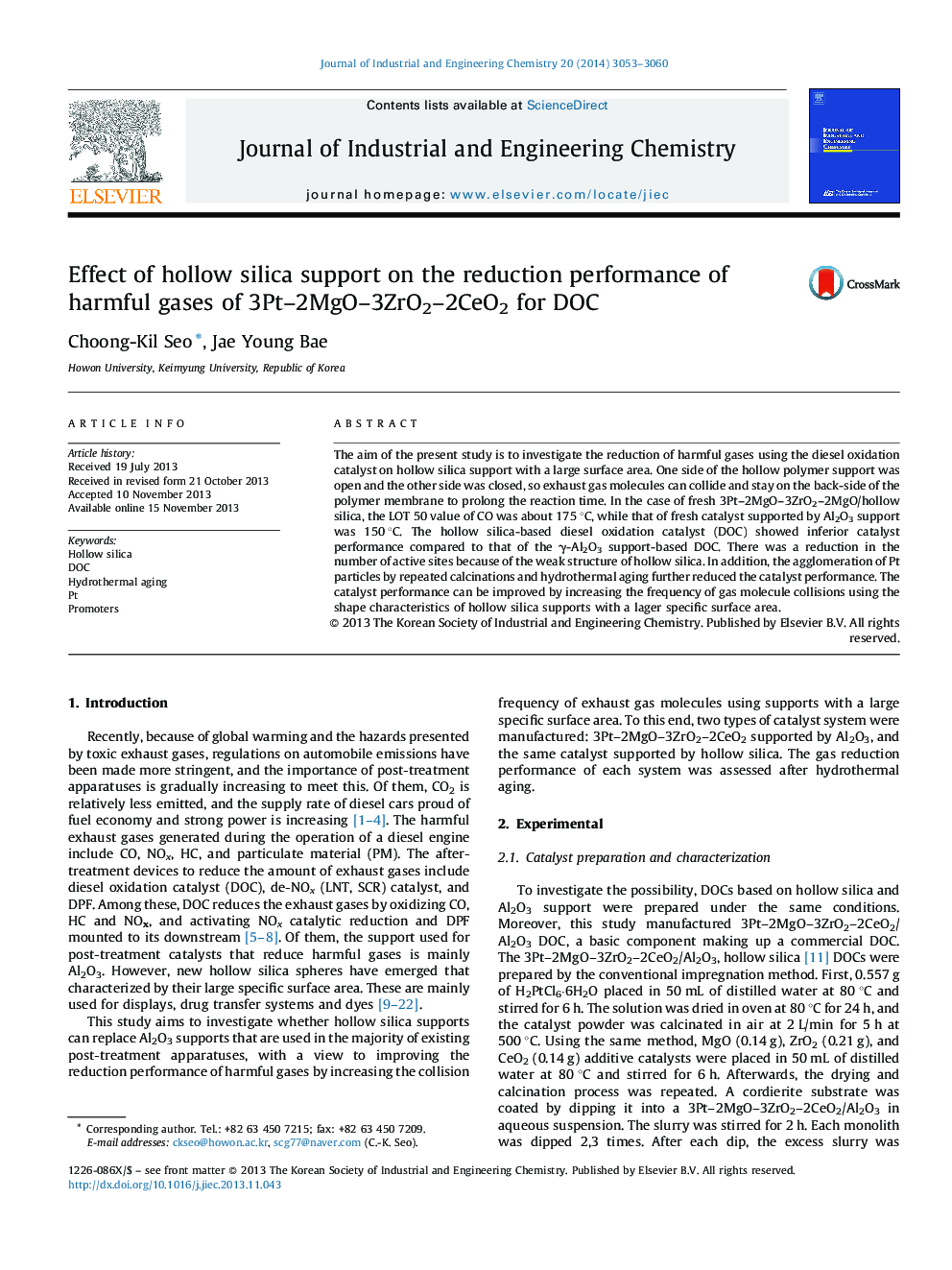 Effect of hollow silica support on the reduction performance of harmful gases of 3Pt–2MgO–3ZrO2–2CeO2 for DOC