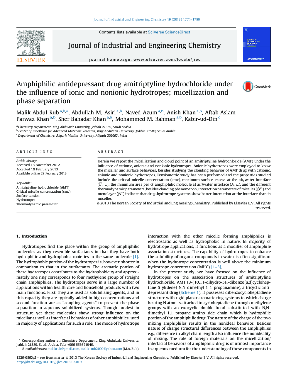 Amphiphilic antidepressant drug amitriptyline hydrochloride under the influence of ionic and nonionic hydrotropes; micellization and phase separation