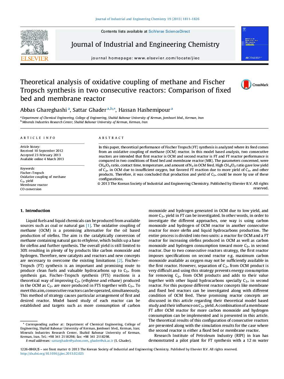 Theoretical analysis of oxidative coupling of methane and Fischer Tropsch synthesis in two consecutive reactors: Comparison of fixed bed and membrane reactor
