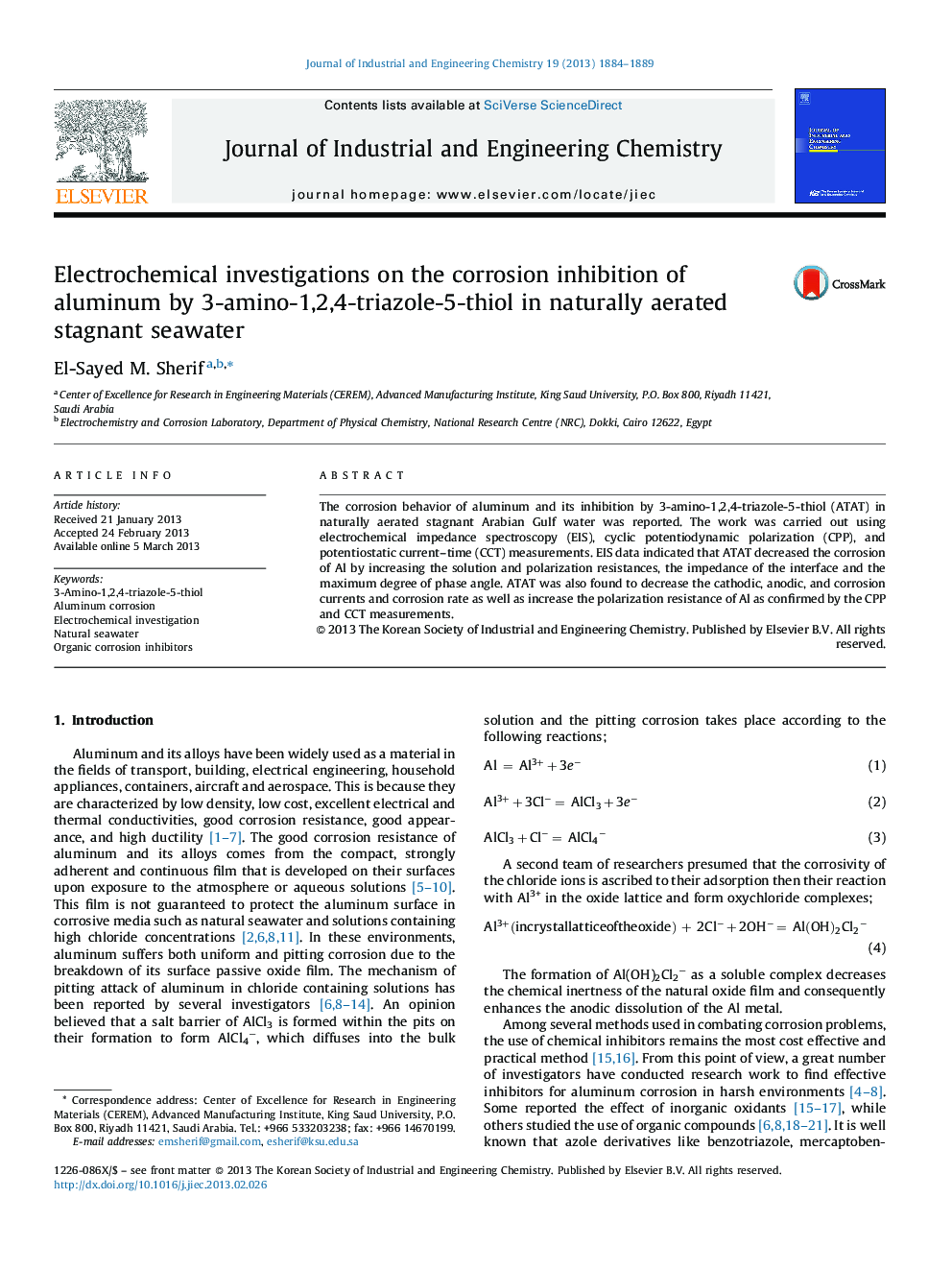 Electrochemical investigations on the corrosion inhibition of aluminum by 3-amino-1,2,4-triazole-5-thiol in naturally aerated stagnant seawater